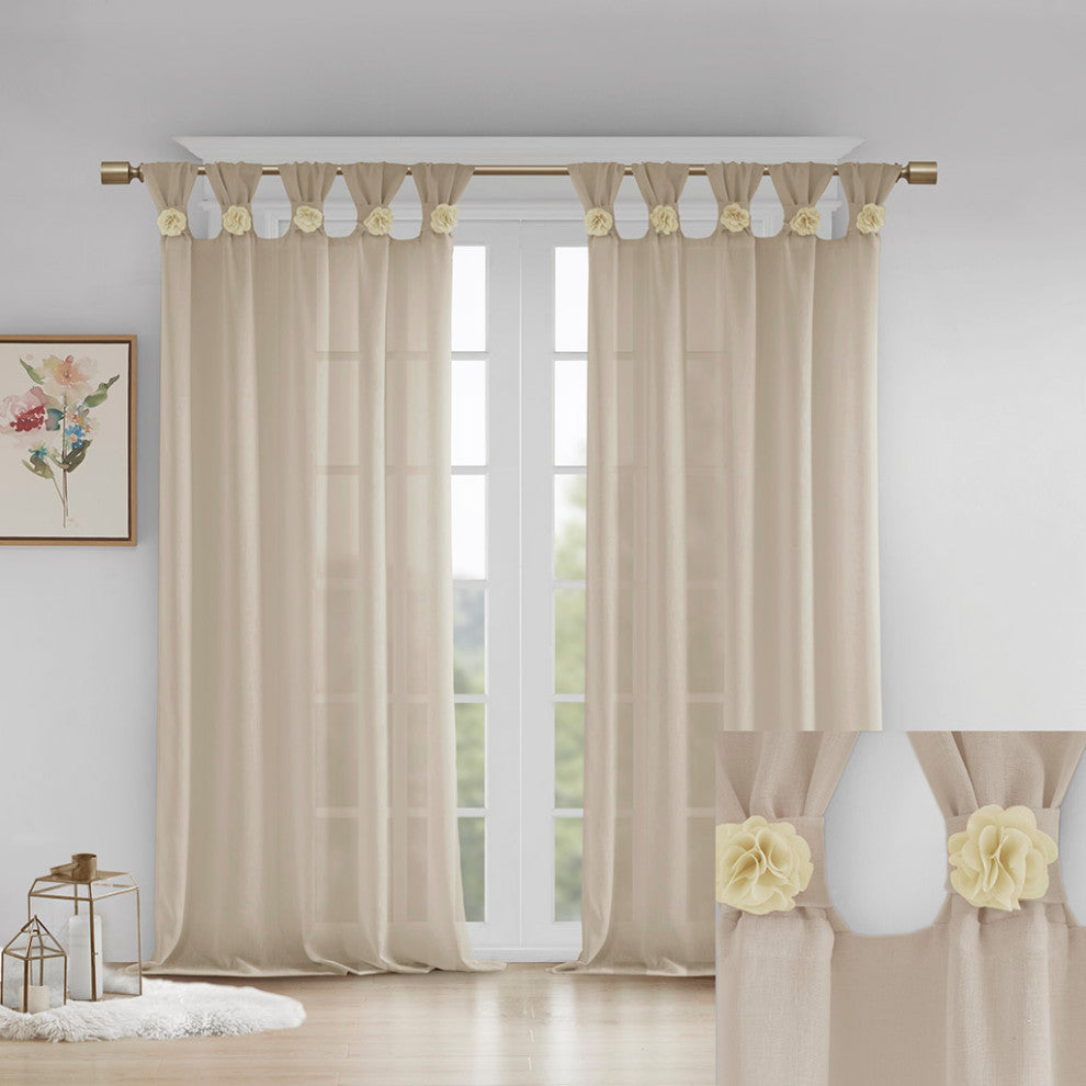 Madison Park Rosette Floral Embellished Cuff Tab Top Solid Curtain Panel