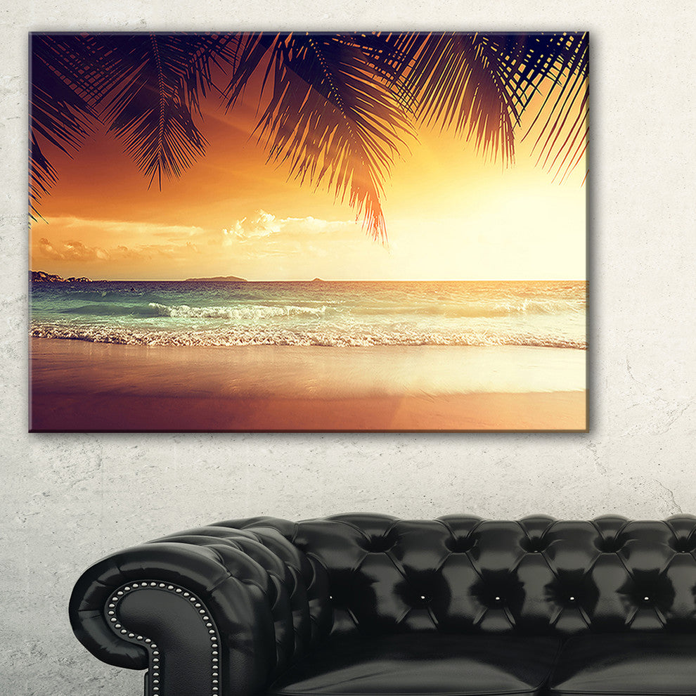 "Palm Leaves On Caribbean Seashore" Modern Seashore Wall Art, 1 Panel, 60"x28"