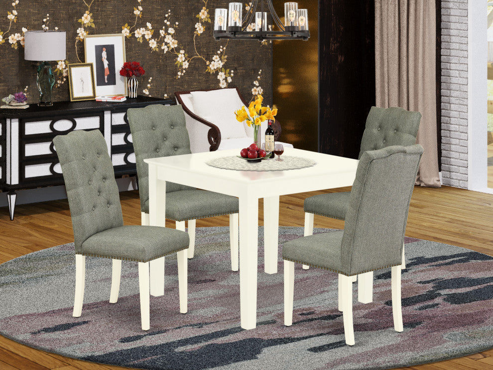 5Pc Kitchen Set 4 Chair, Table Solid Wood Frame High Back & Linen White