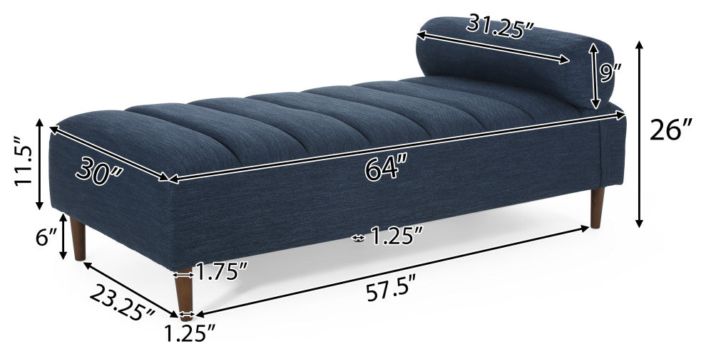 Holmwood Mid Century Modern Fabric Tufted Chaise Lounge With Bolster Pillow, Navy Blue/Natural Walnut