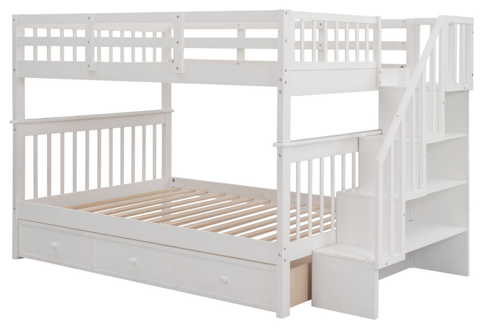 Gewnee Stairway Full-Over-Full Bunk Bed with Drawer,  Rail for Bedroom in White