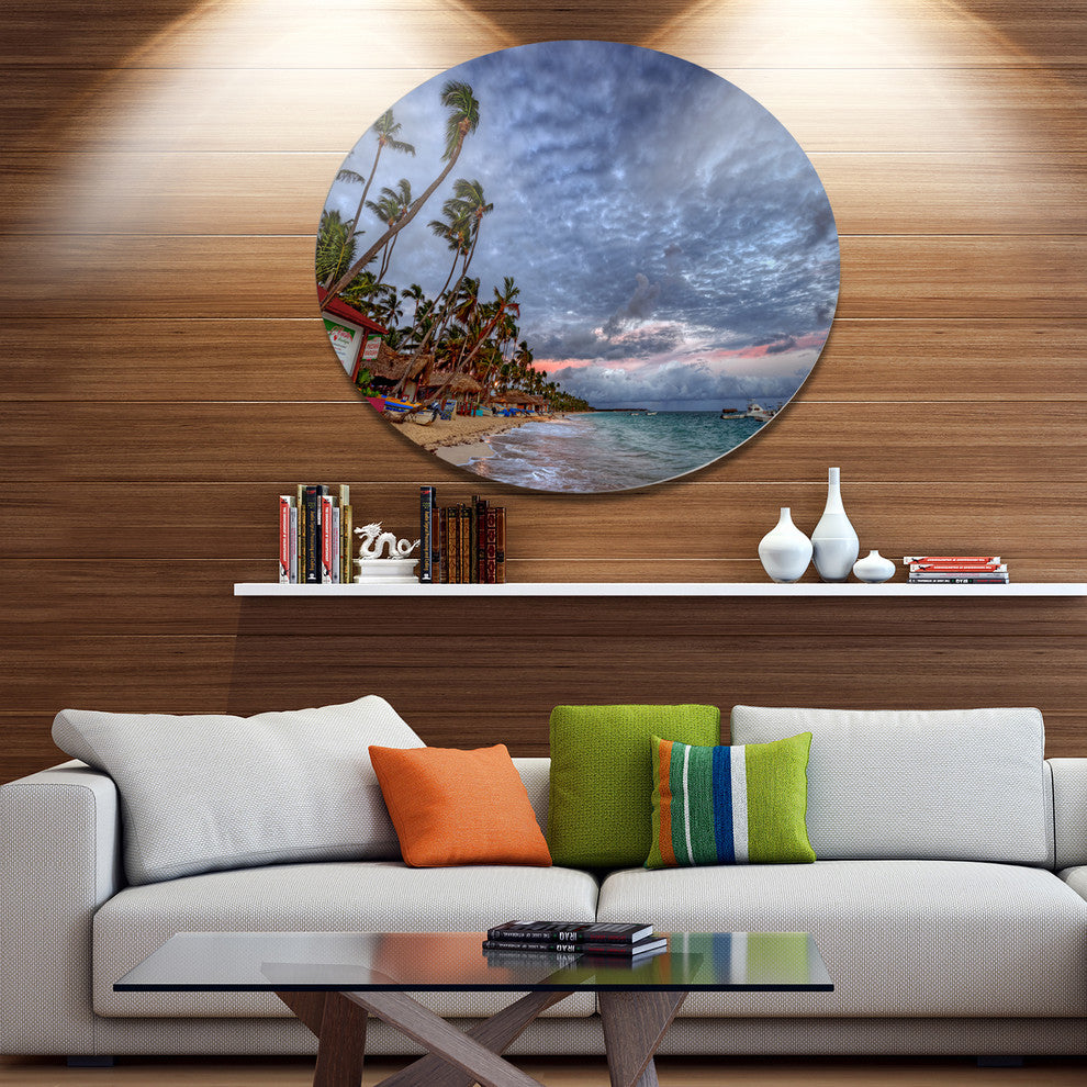 Long Palm Trees Bent To Beach, Seashore Art Disc Metal Artwork, 23"