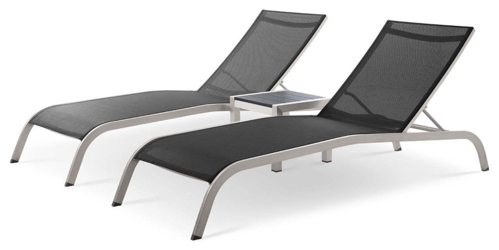 Lounge Chair Chaise Table Set, Aluminum, Metal, Black, Modern, Outdoor Patio