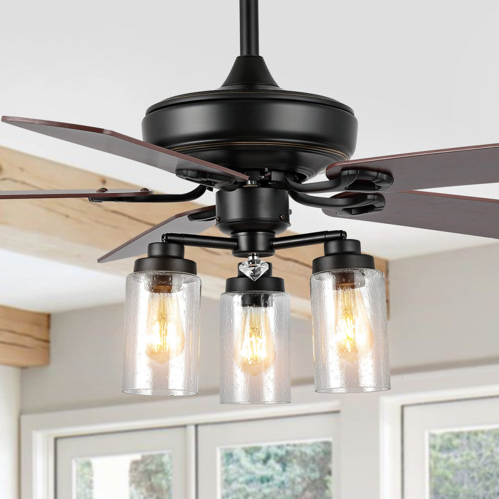 Lucas 52" 3-Light Rustic Mobile-App/Remote-Controlled Ceiling Fan, Black/Clear