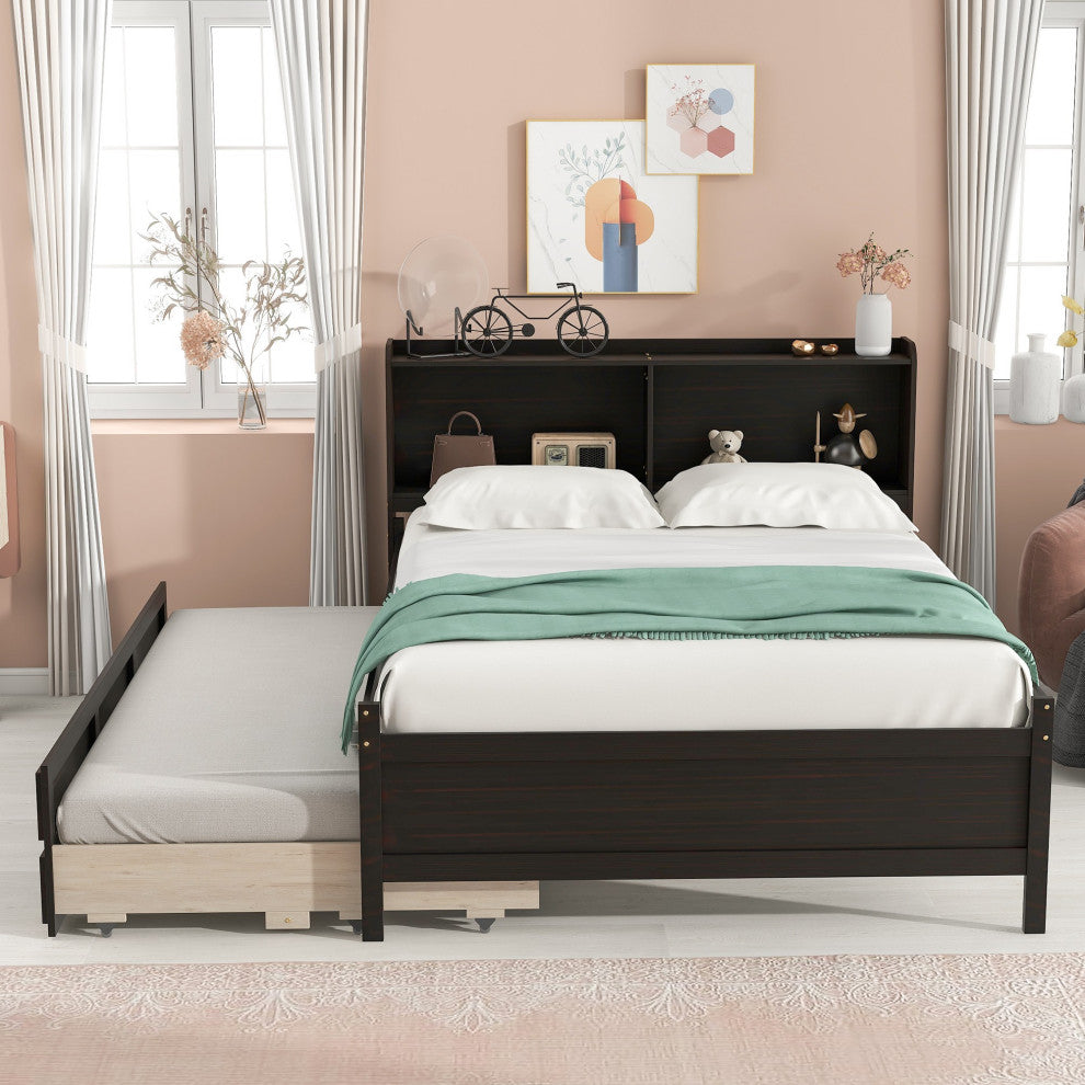 Full/Twin Wood Frame Platform Bed with Trundle and Drawers, Espresso, Full
