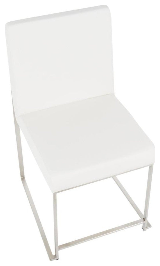 Brushed Stainless Steel, White PU High Back Fuji Dining Chair - Set of 2