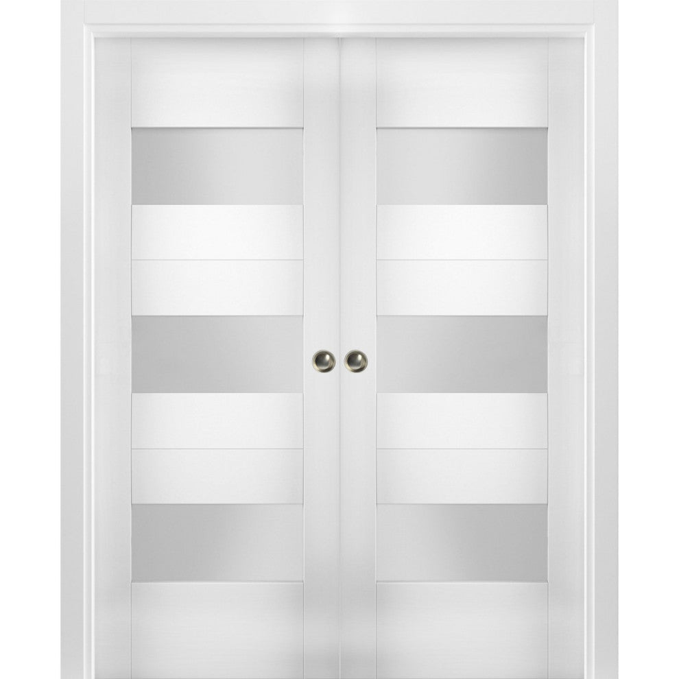 Interior Double Pocket Doors 48x84 in Opaque Glass | Sete 6003 White Silk