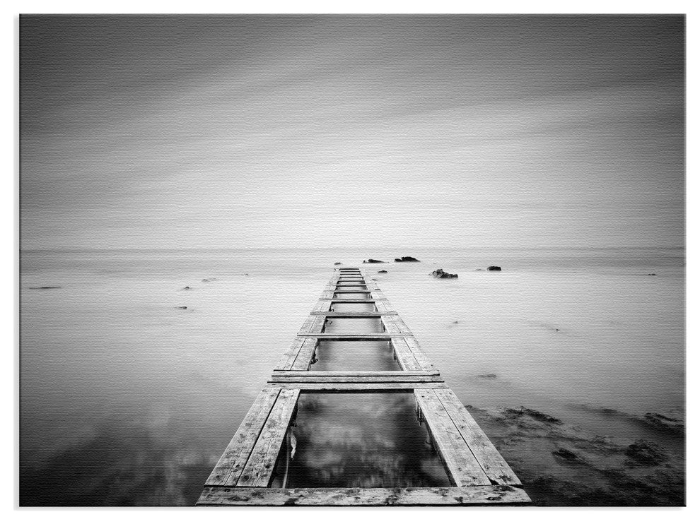 Moody Ocean & Sky Wooden Pier Black & White Landscape Photo Canvas Art Print, 12" X 16"