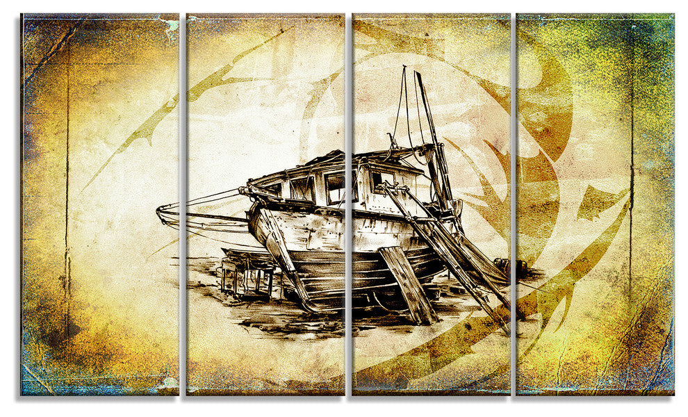 Drawing of Large Ancient Boat, Seashore Wall Art on Canvas, 48"x28", 4 Panels