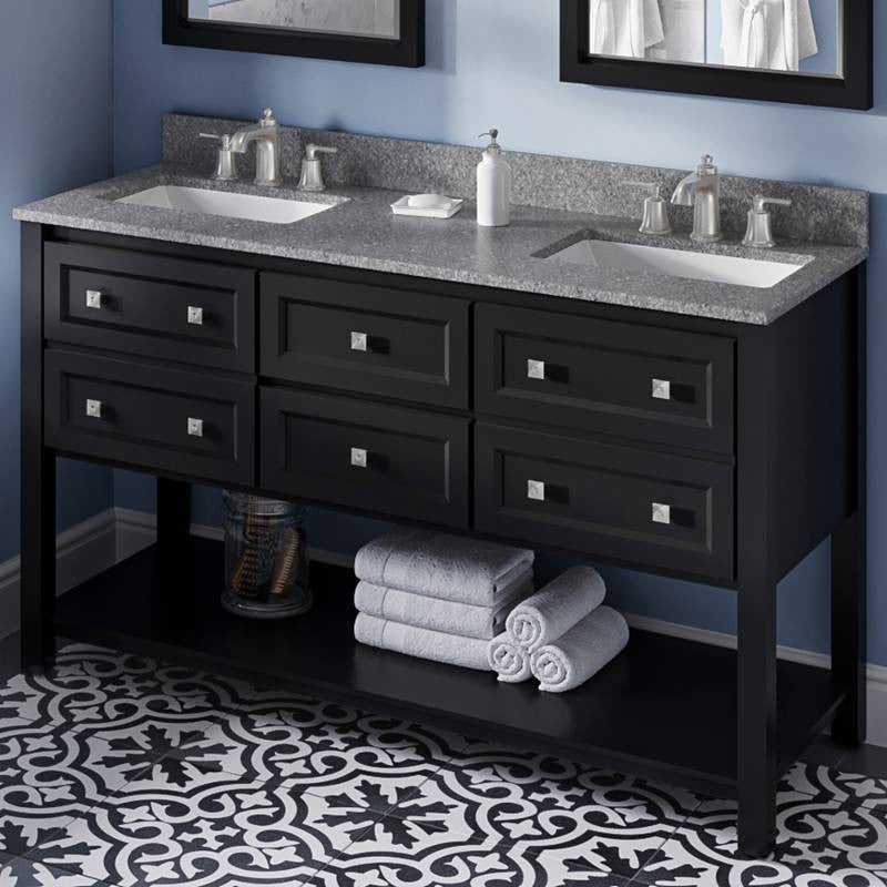 Adler Transitional 60" Black Double Sink Vanity, Boulder Cultured Marble Vanity