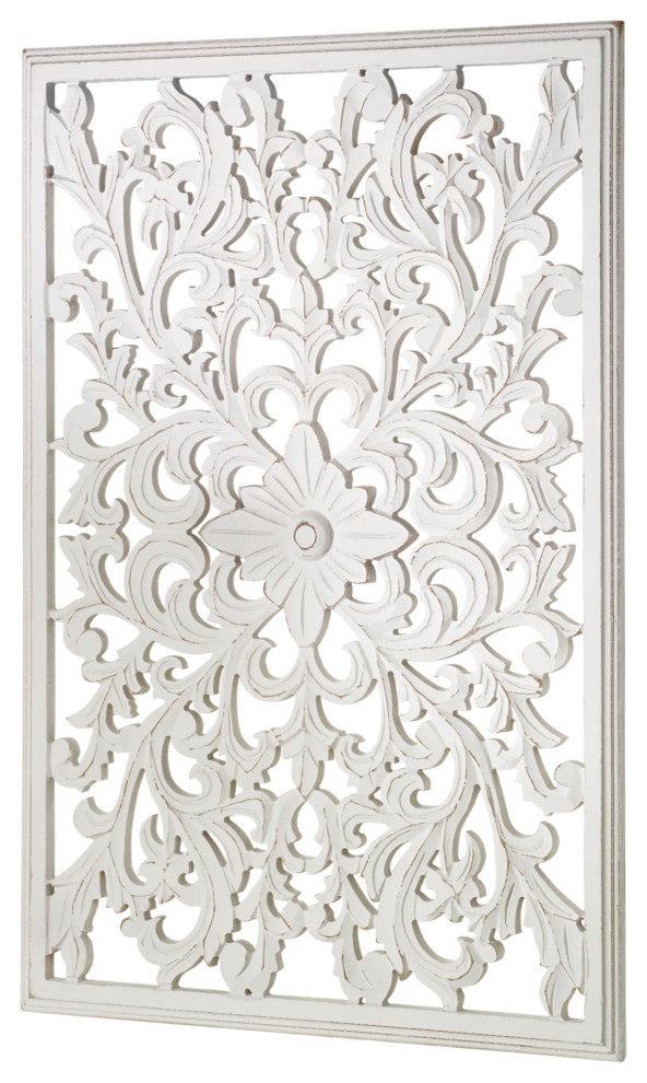Hand-Carved Distressed White Floral Wood Wall Medallion  - 24" x 36"