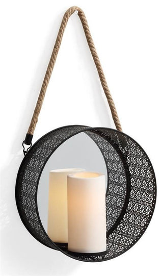 Round Mirror Pillar Candle Sconce With Filigree Metal Frame