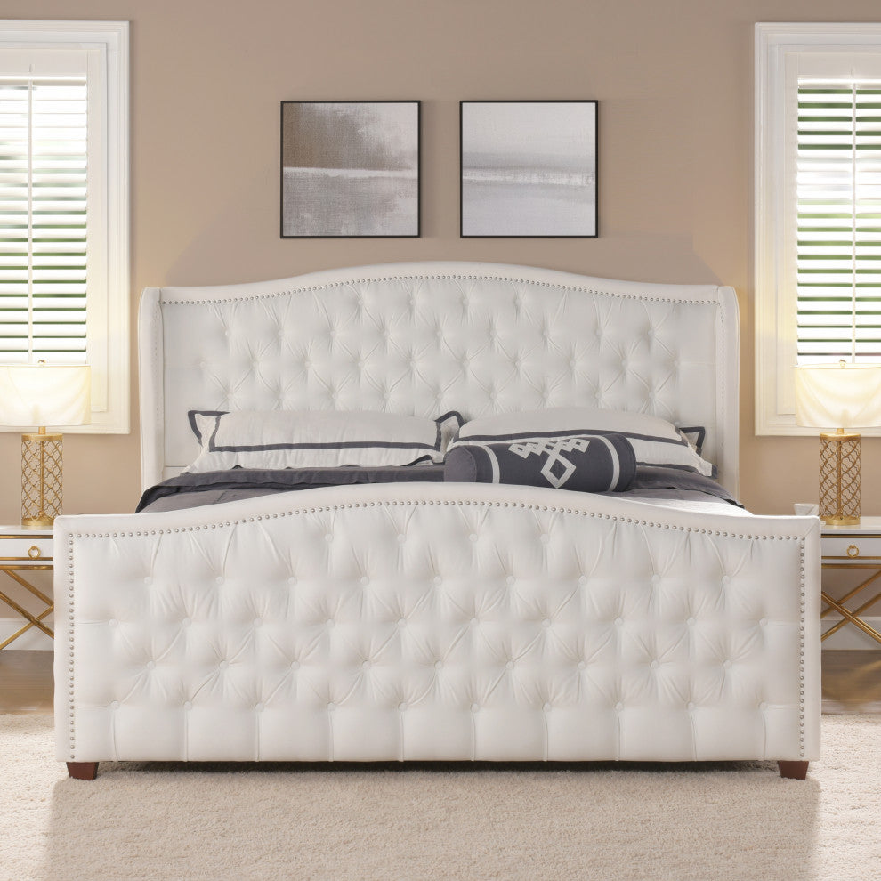 Marcella Upholstered Tufted Shelter Wingback Panel Bed, Bright White Polyester, King