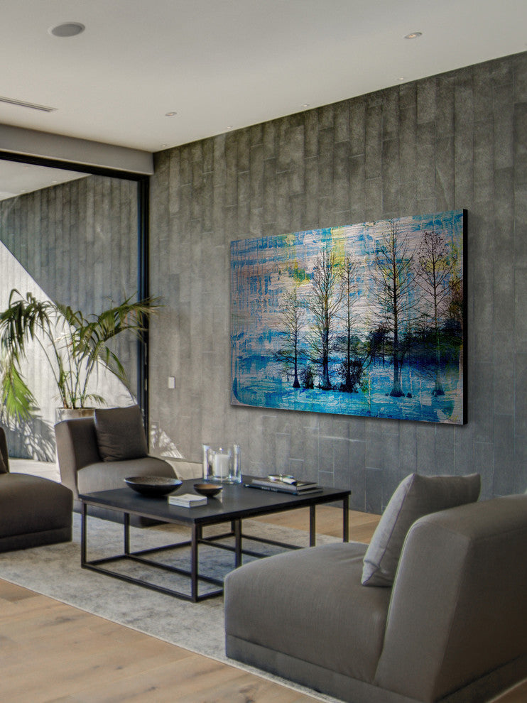 "Fir Trees Blue" Painting Print on Brushed Aluminum, 36"x24"