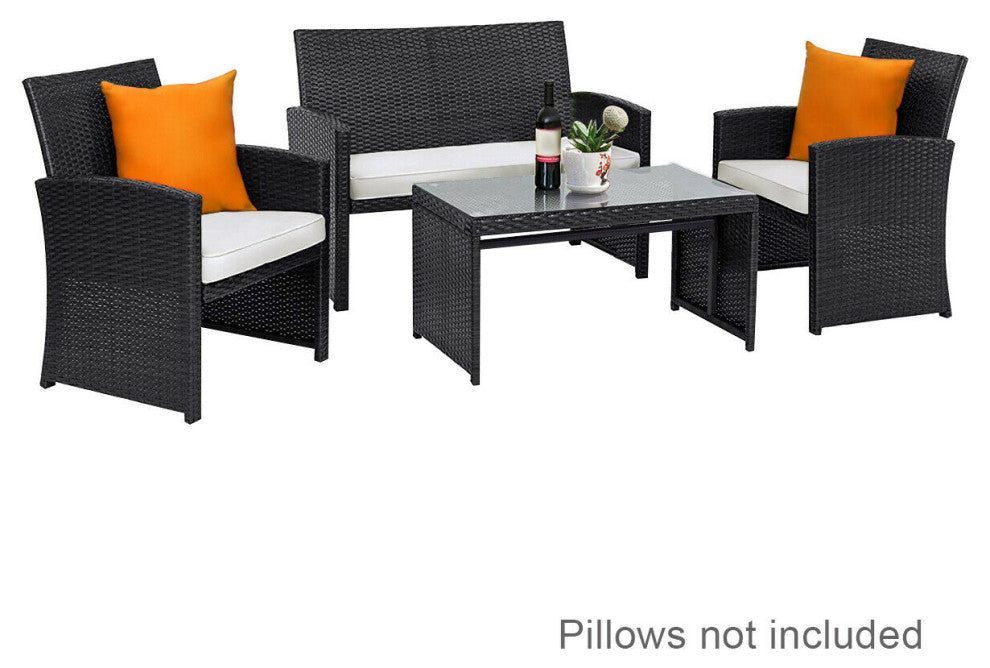 Costway 4 PCS Outdoor Rattan Wicker Furniure Set Coffee Table W/ Black Cushions