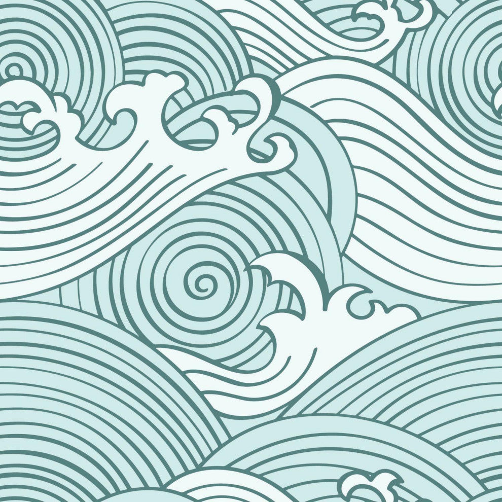 Teal & White Asian Waves Peel & Stick Wallpaper