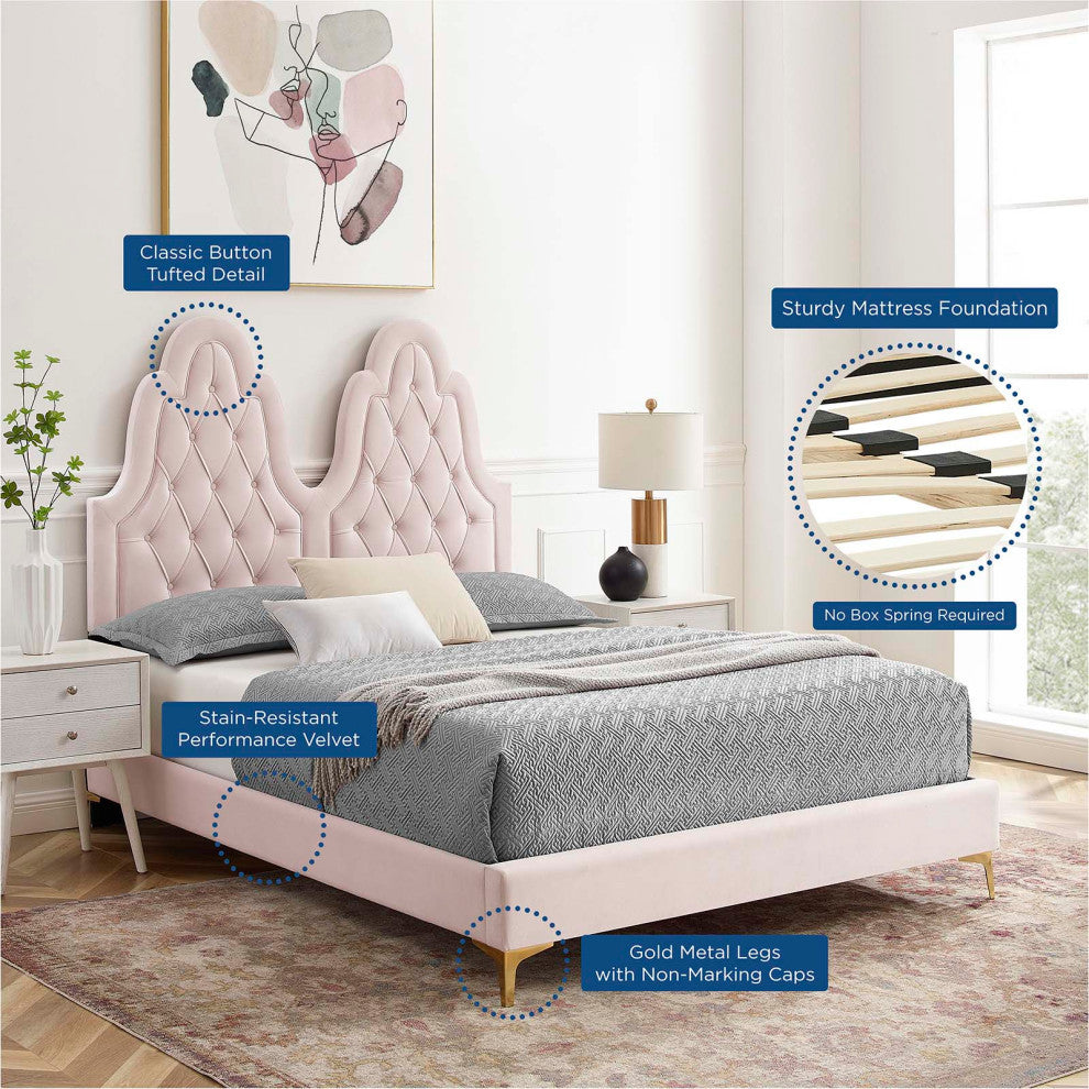 Tufted Platform Bed Frame, Twin Size, Velvet, Pink, Modern Contemporary, Bedroom