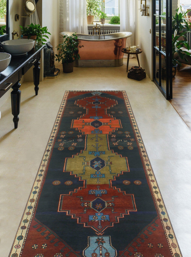 Fine Vintage Distressed Sekayi Charcoal/Burgundy Runner, 3'3x13'0