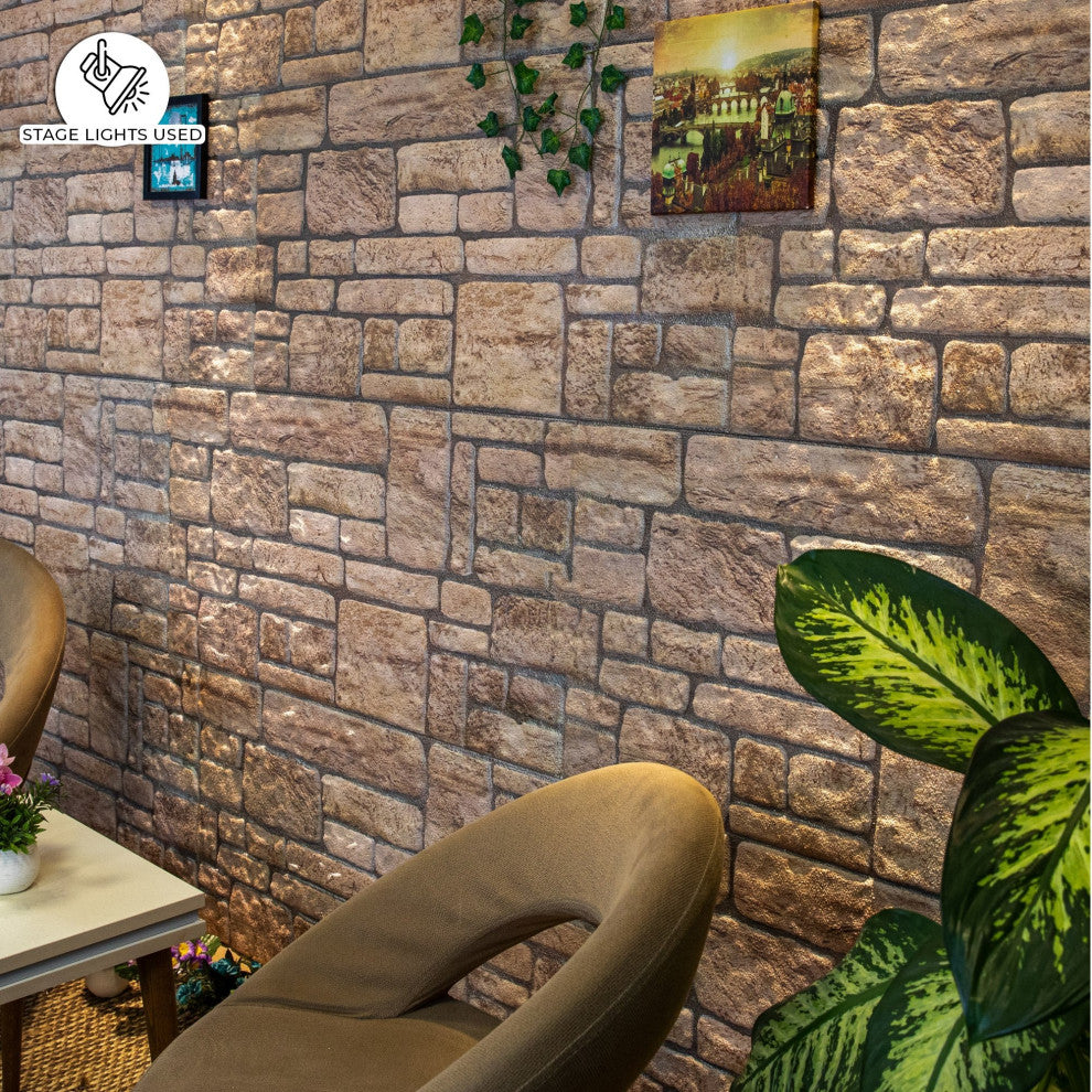 Faux Stone Brick 3D Wall Panels, Beige, Set of 10, Covers 53 sq ft
