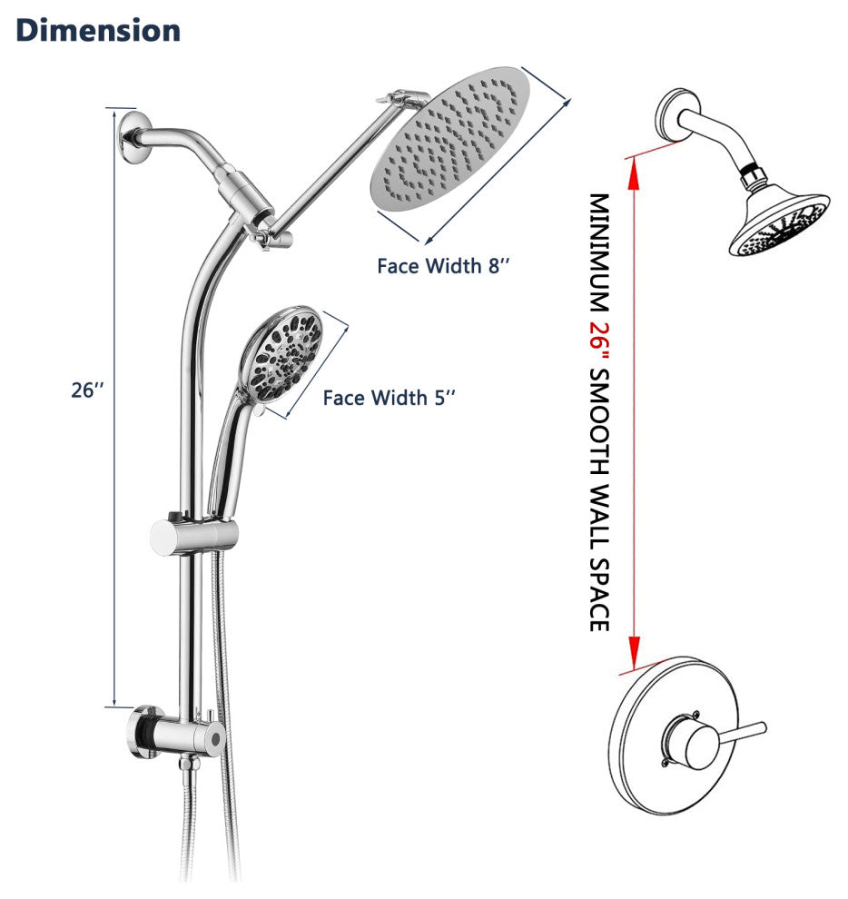 Rainfall 8" Round Shower Head With High Pressure Handheld Sprayer Set, Chrome