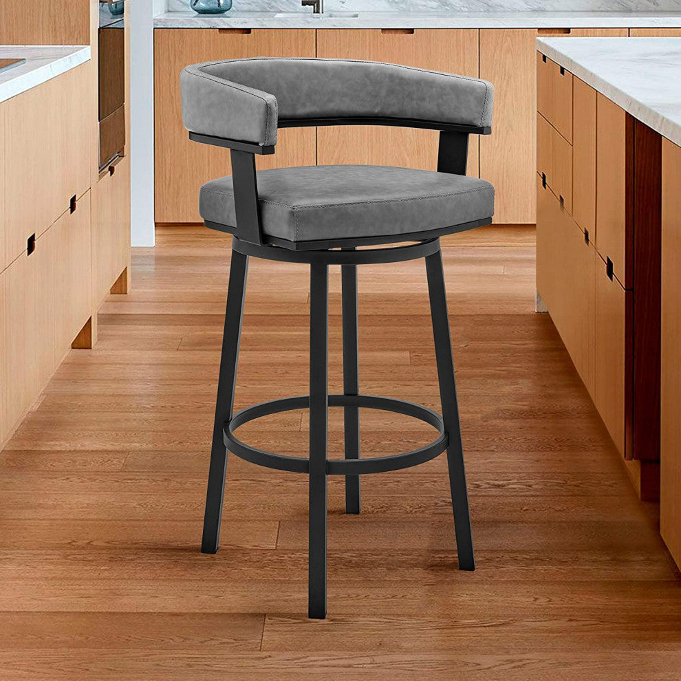 Modern Counter Stool, Iron Legs With PU Seat and Curved Back, Grey/Black