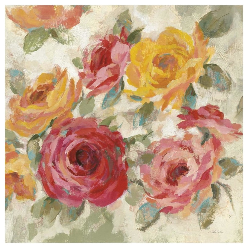"Brushy Roses Crop with Teal" Digital Paper Print by Silvia Vassileva, 32"x32"