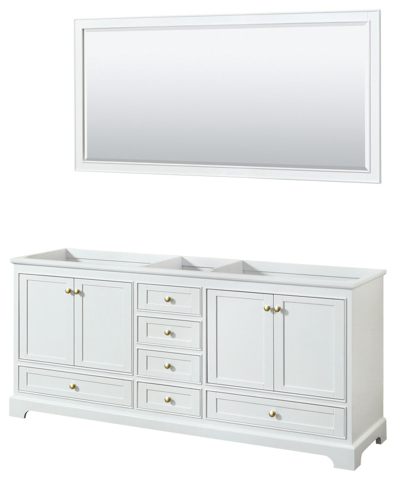 80" Double Bath Vanity, White, No Countertop, Gold Trim, 70" Mirror