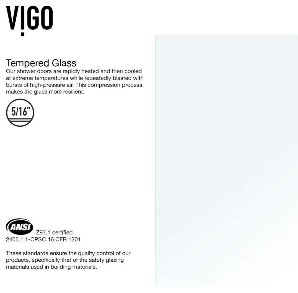 VIGO Rialto 34" W x 58" H Frameless Hinged Tub Door, Matte Black, Clear Glass
