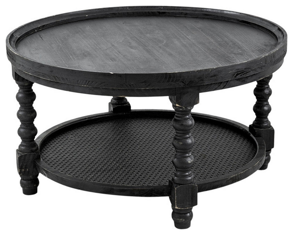 Benzara BM284922 Coffee Table, Fir Wood, Lower Tier Woven Wicker Shelf, Black