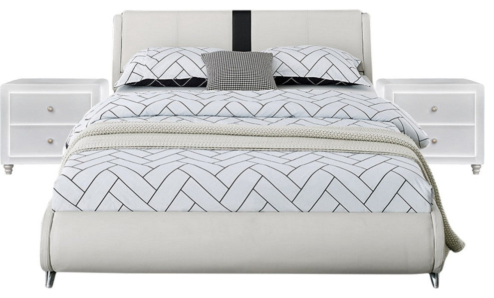 White Platform Queen Bed With Two Nightstands