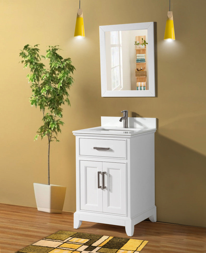 Bathroom Vanity Set With Engineered Marble Top, 24", White, Led Sensor-Switch Mirror