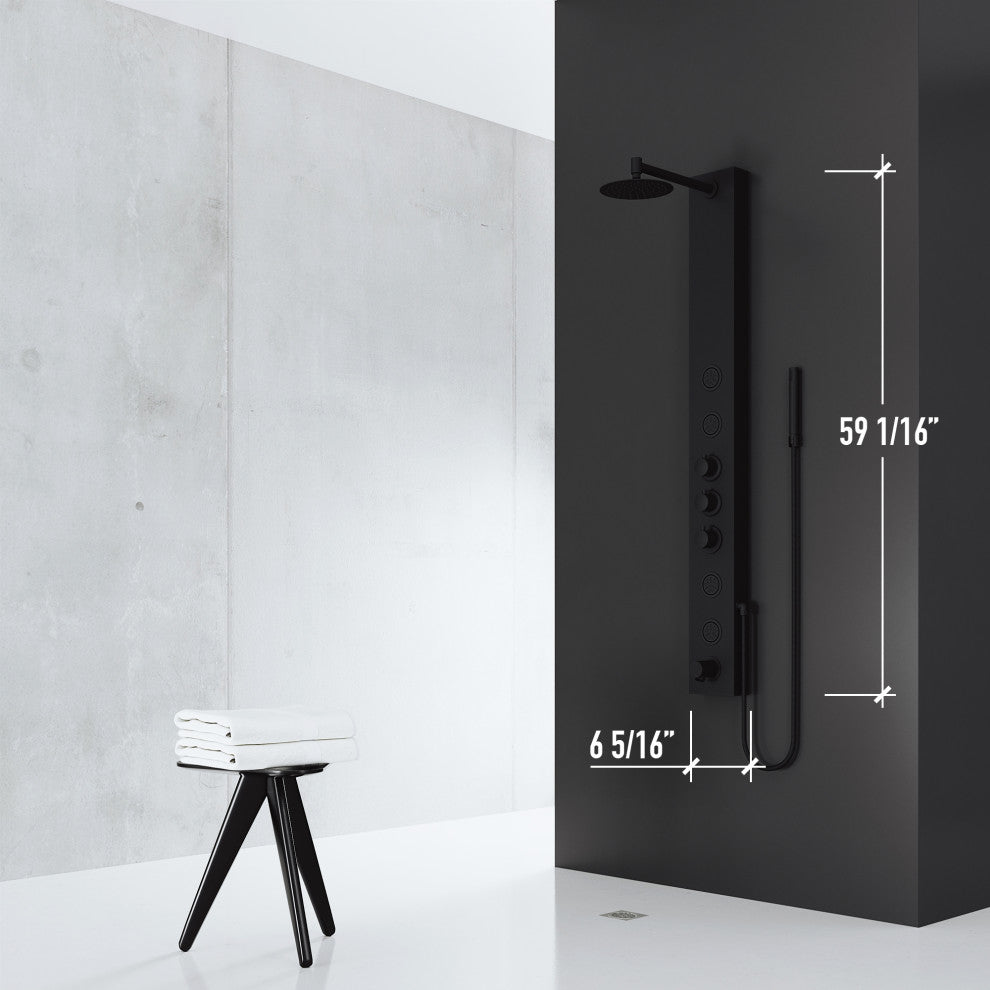 Bowery 59" H x 6" W 4-Jet Shower Panel with Round Shower Head and Tub Filler, Matte Black