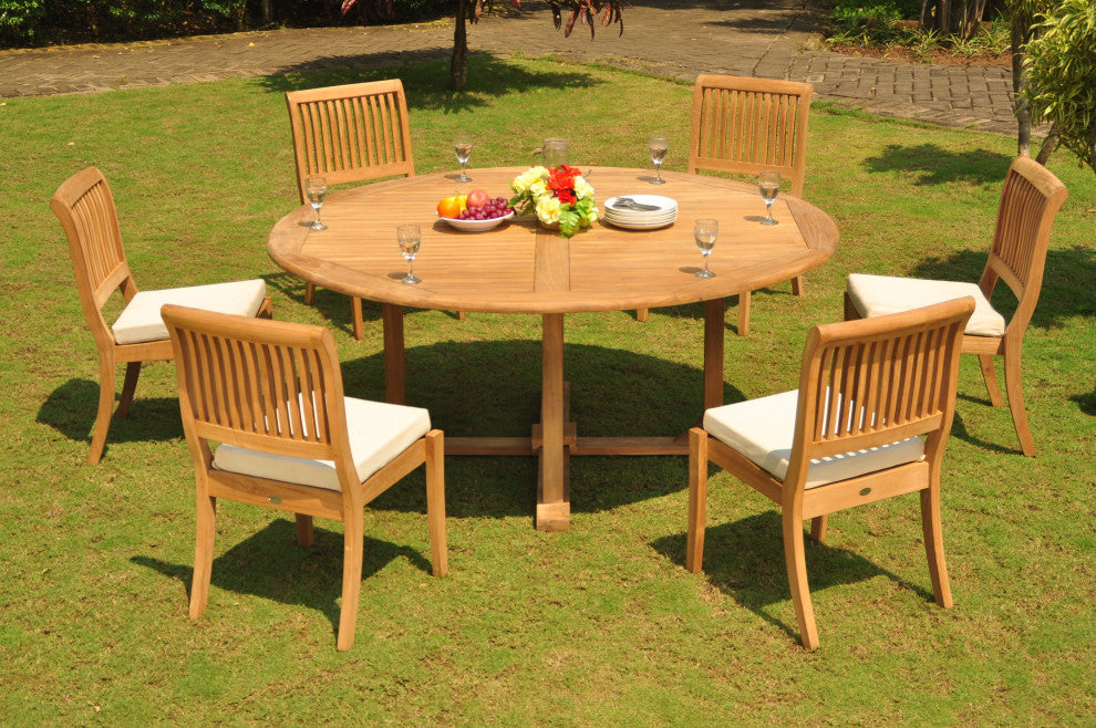 7-Piece Outdoor Dining Set, 72" Round Table, 6 Arbor Stacking Armless Chairs