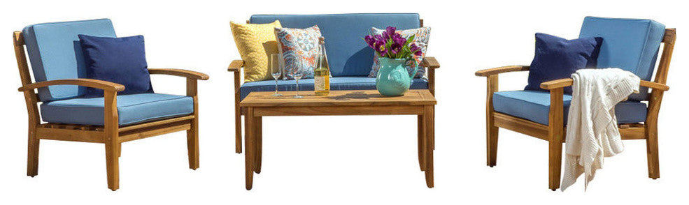 GDF Studio 4-Piece Peyton Acacia Wood Chat Set With Water Resistant Cushions, Blue