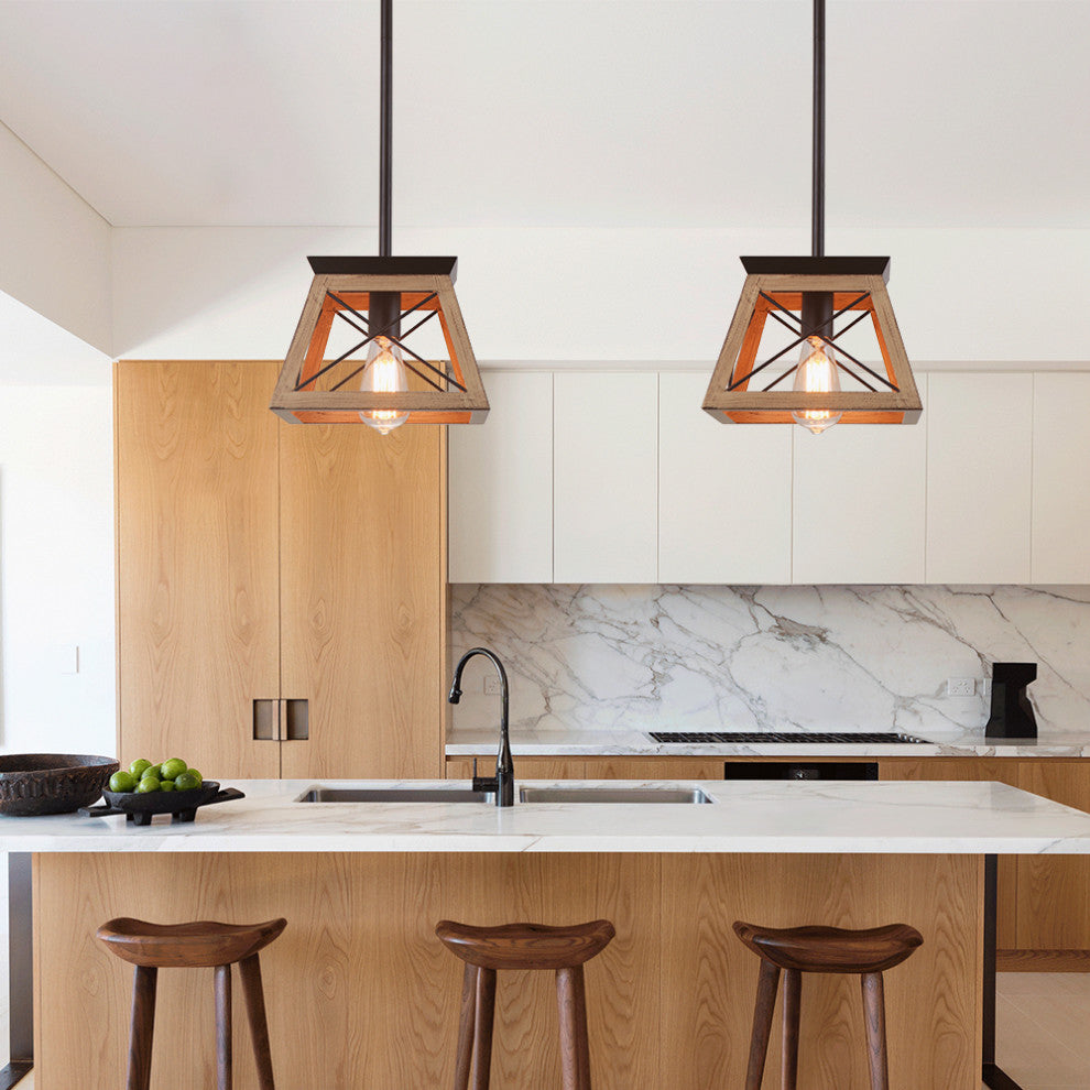 Rustic 1-Light Single Rectangle Pendant Light, Brown