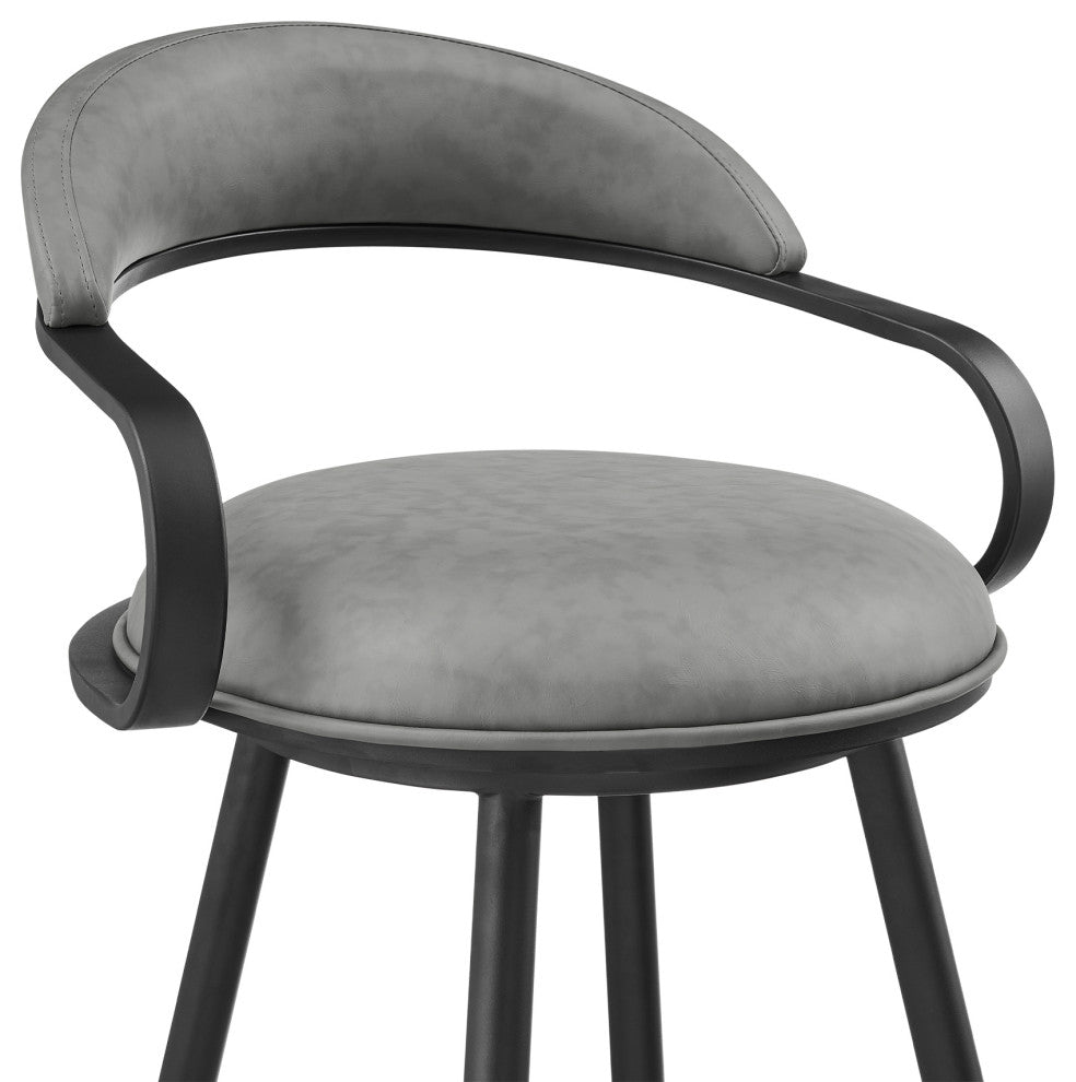 Gardenia Swivel Stool With Black Iron Frame and Faux Leather, Vintage Gray, Bar Height