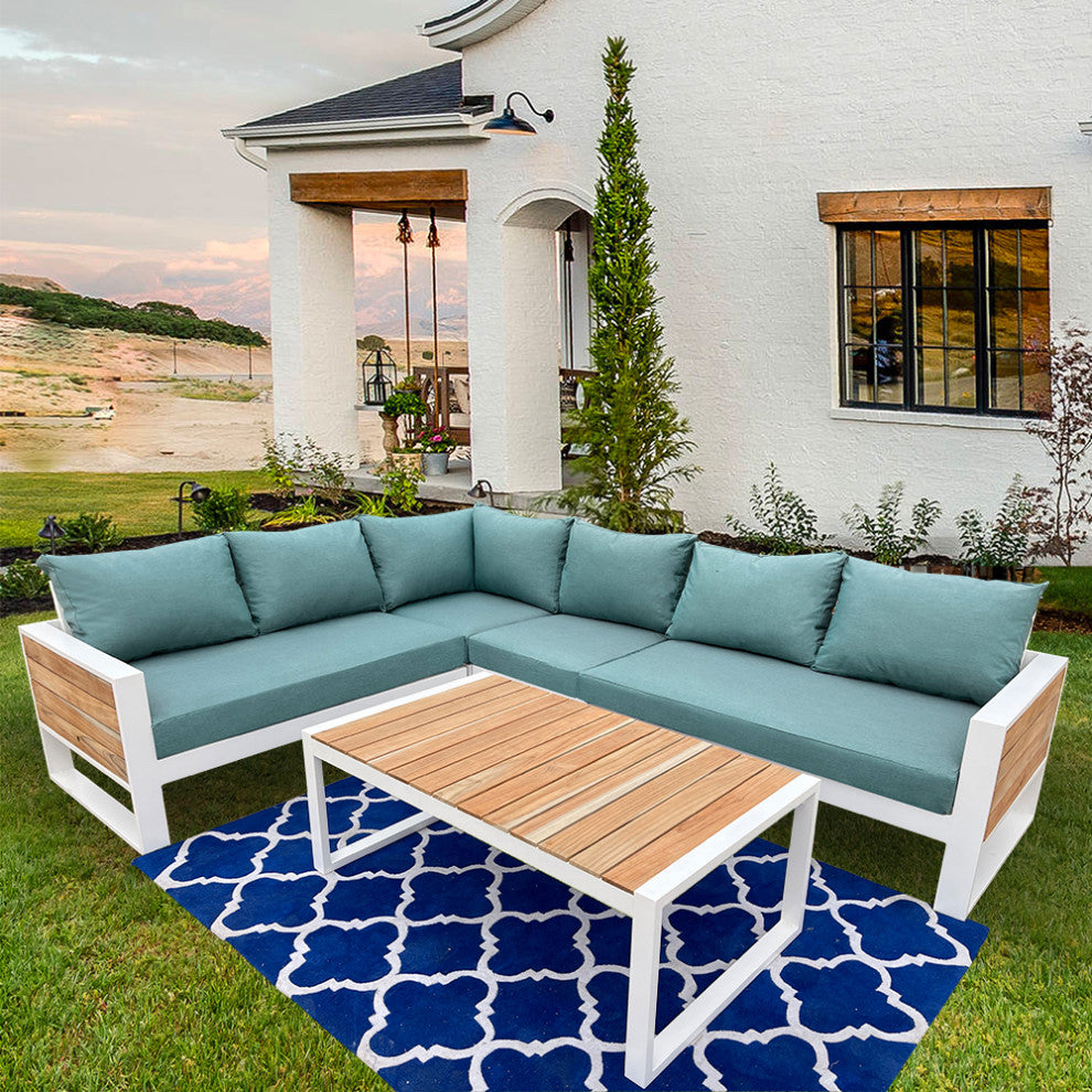 Denver 5-Piece Aluminum Outdoor Patio Sectional Sofa Set with Cushions, Cast Breeze Acrylic