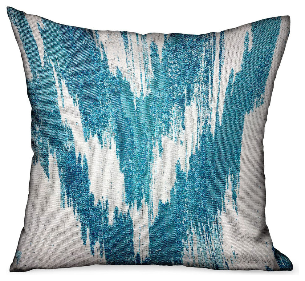 Plutus Teal Avalanche Blue Ikat Luxury Outdoor/Indoor Throw Pillow, 24"x24"