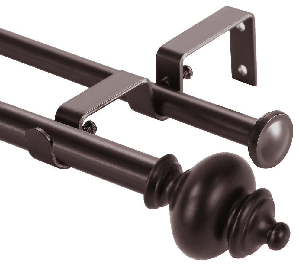 Round Urn Adjustable Double Curtain Rod Set, 5/8", Bronze, 84"-120"