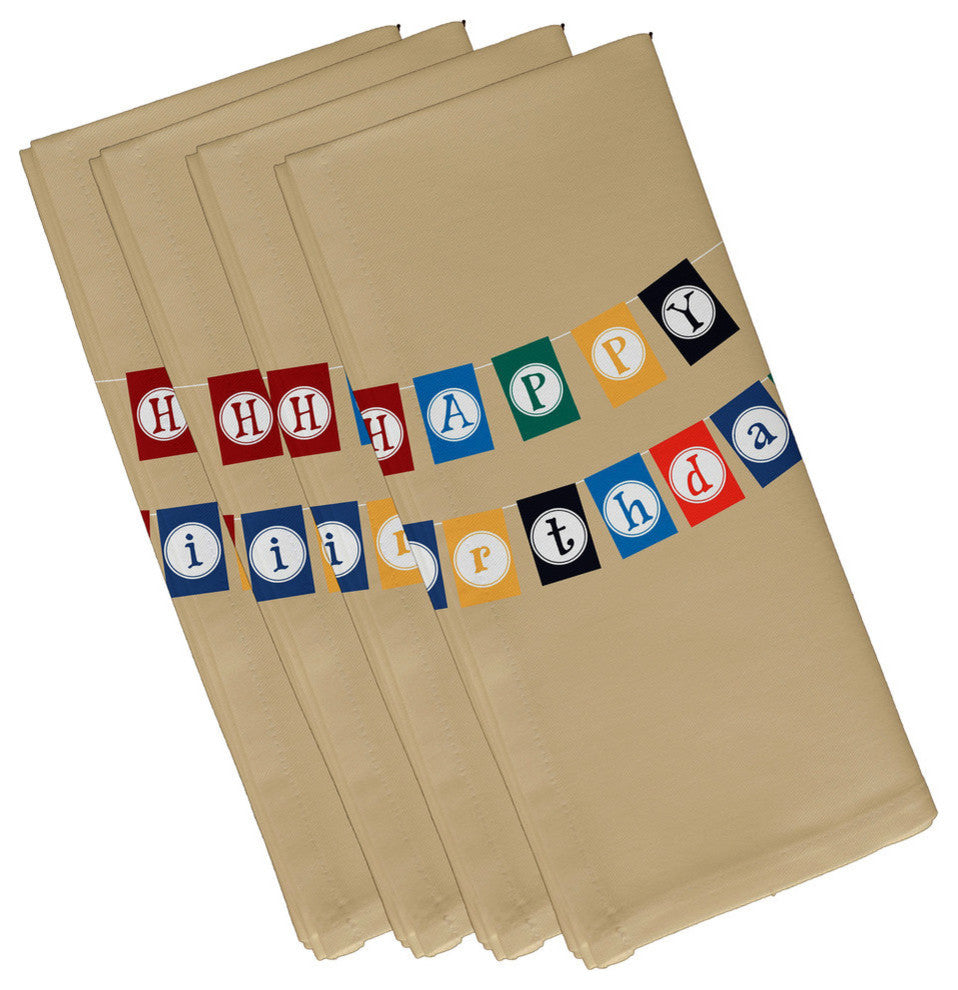Happy Birthday, Word Print Napkin, Taupe And Beige, Set of 4