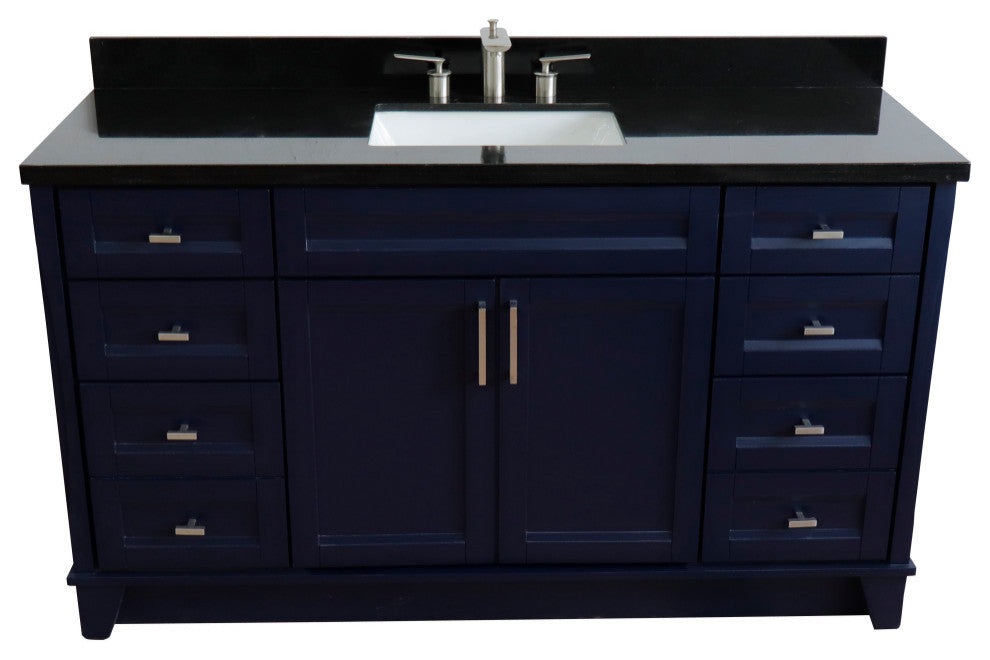 61" Single Sink Vanity, Blue Finish And Black Galaxy Granite
