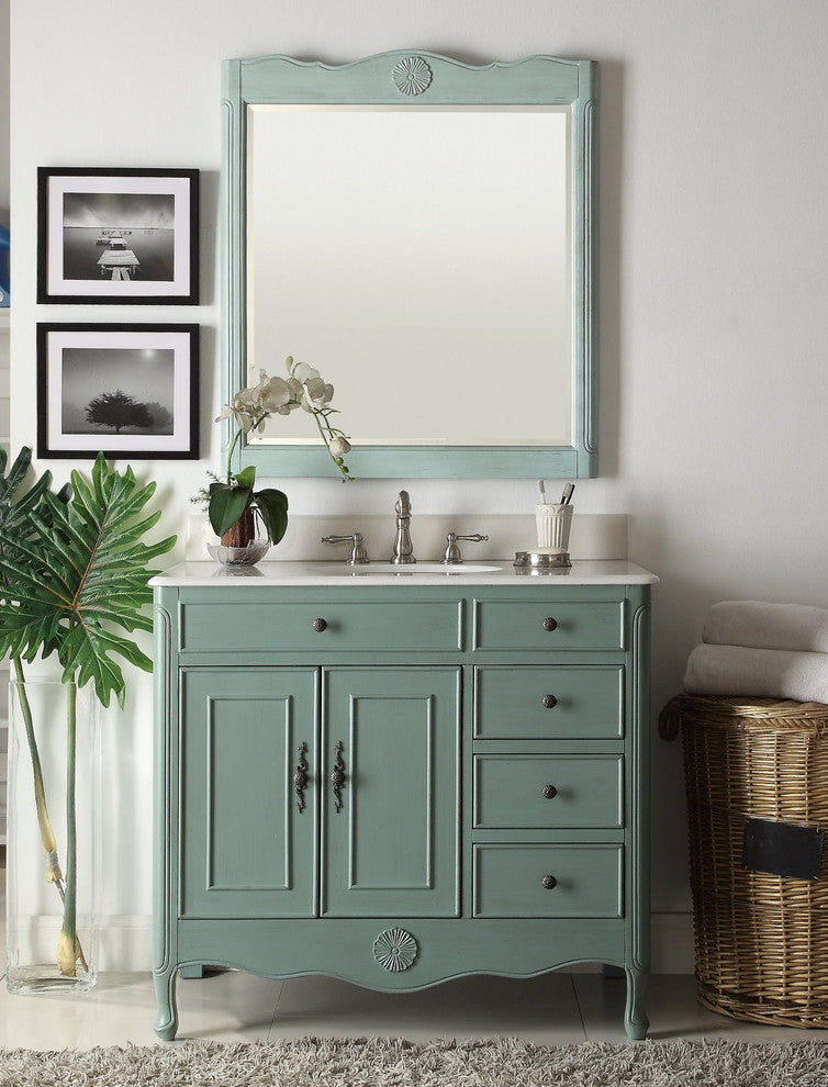 38 Inch Distressed Vintage Blue Cottage Style Daleville Bathroom Sink Vanity, Add Mirror No Faucet