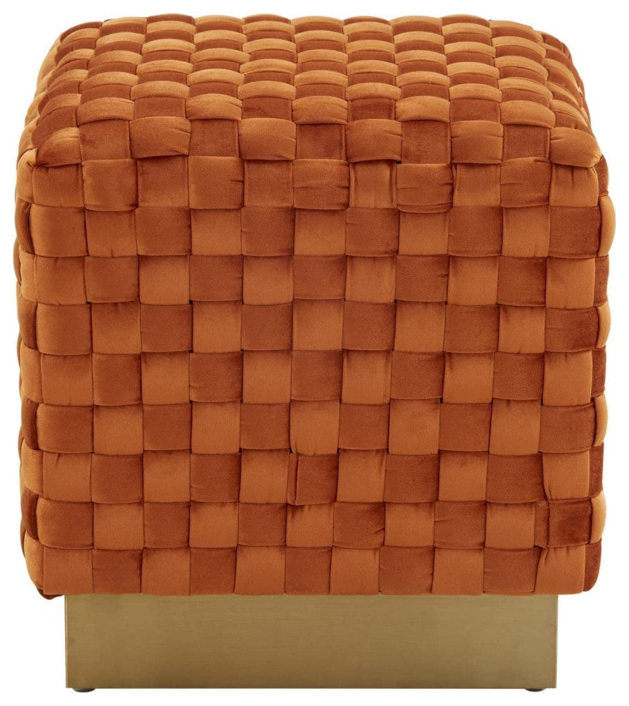 Myrtle 19" Square Weave Design Velvet Ottoman With Gold Base Orange Marmalade