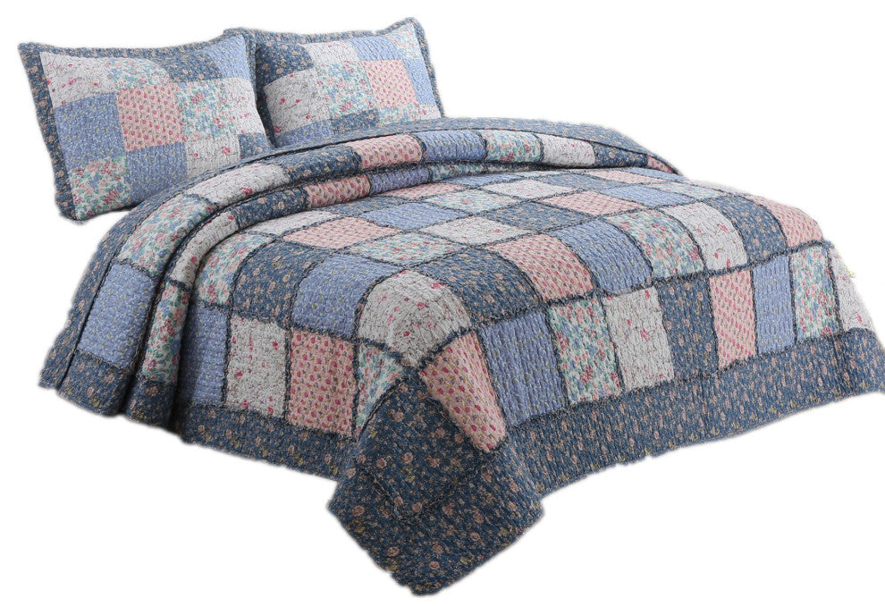 Melanie Blue 3-Piece Patchwork 100%Cotton Quilt Set, King Set