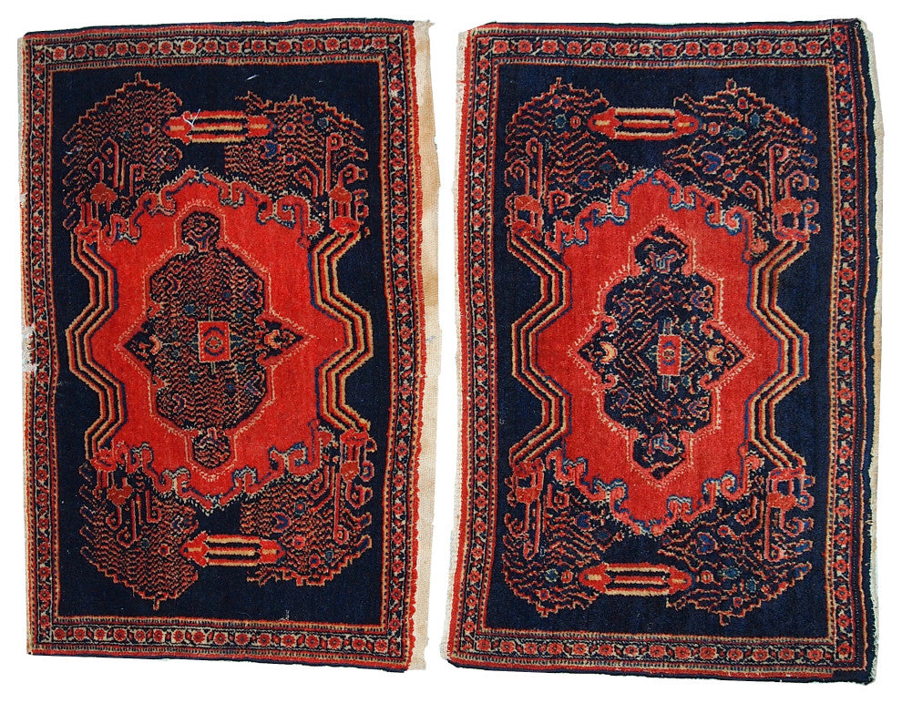 Handmade antique Persian pair of Senneh rugs 1.7' x 2.6' ( 52cm x 80cm ) 1900s
