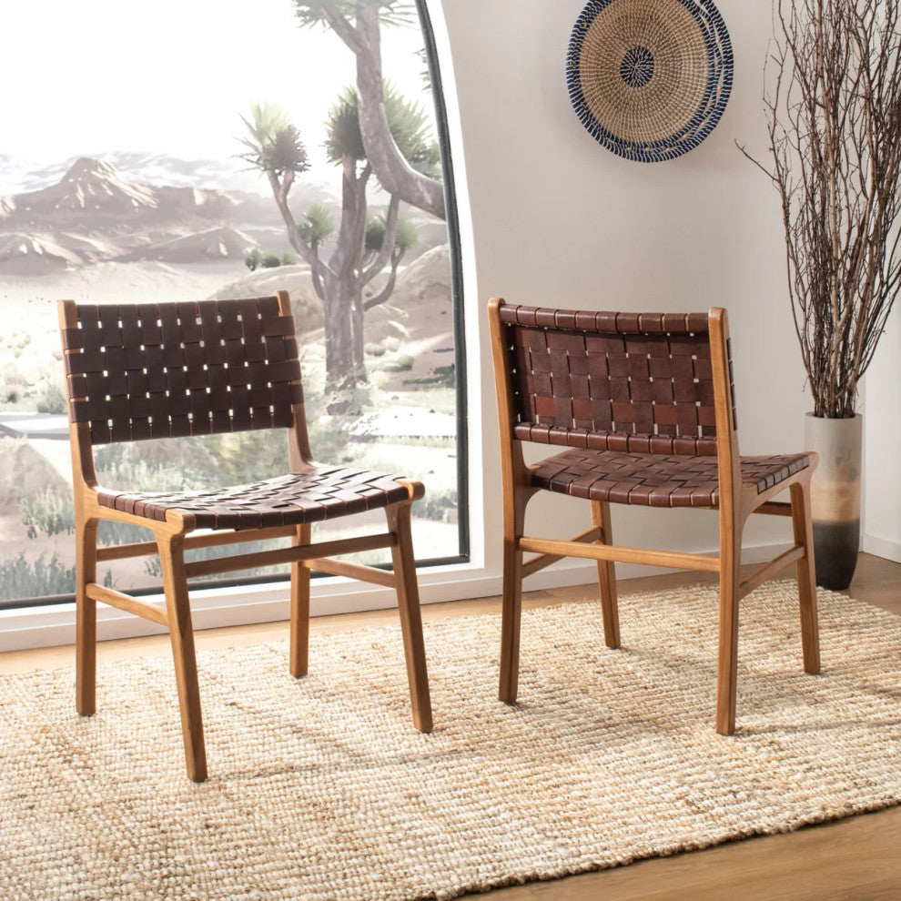 Set of 2 Woven Leather Dining Chairs with Sungkai Wood Frame, Cognac/Natural