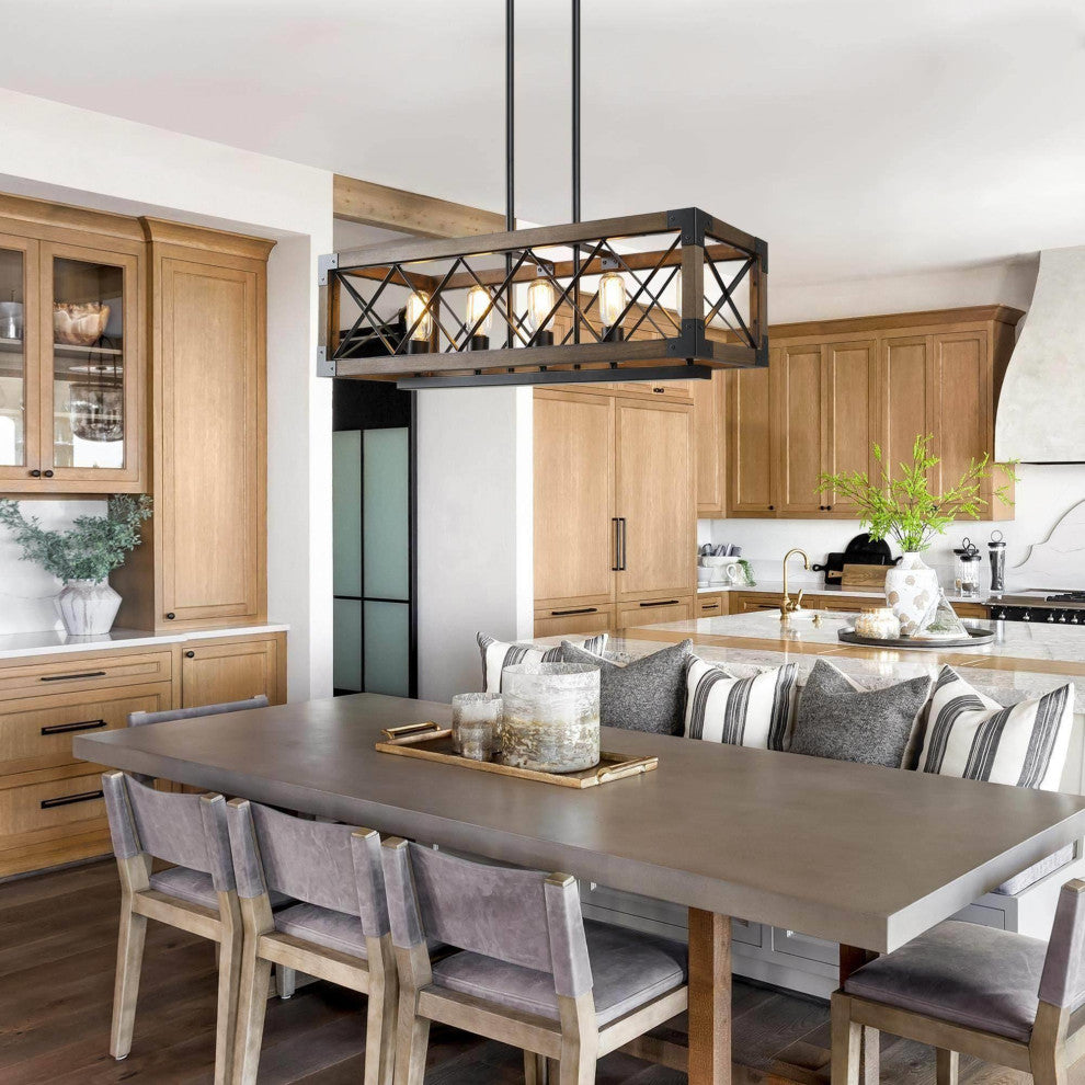 LNC 5-Light Farmhouse Rectangular Wood and Metal Kitchen Island Lighting