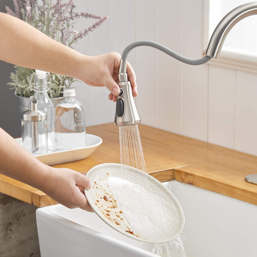 Wellfor Single Level Stainless Steel Kitchen Faucet With Pull Down Spray, Brushed Nickel