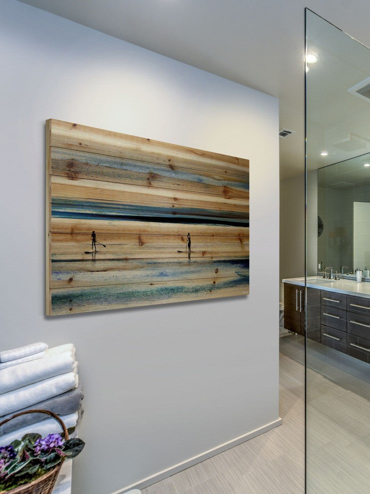 "Surfboard Paddling" Print on Natural Pine Wood, 60"x40"