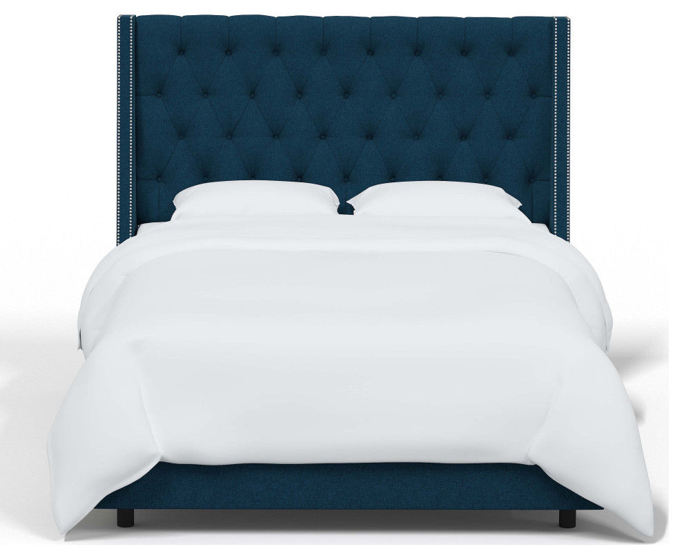 Tufted Sloped Wingback Bed, Nail Trim, Zuma Navy, Twin